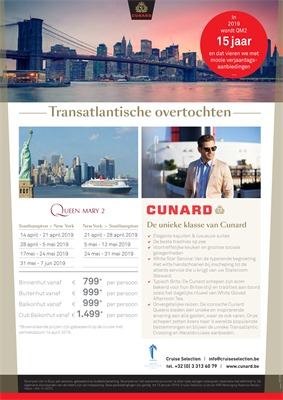 Cunard folder van 01/01/2019 tot 04/02/2019 - Transatlantische overtochten