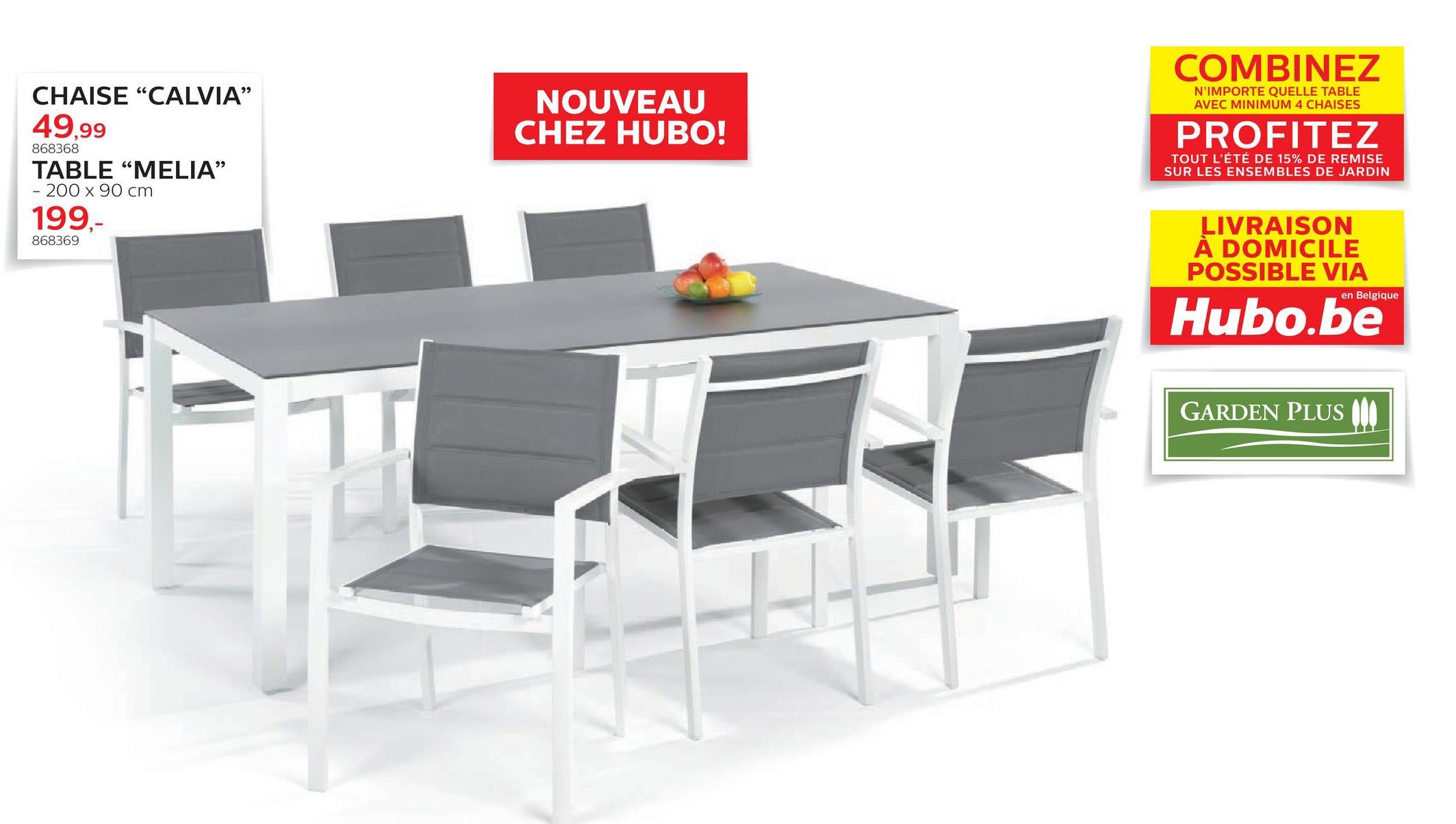 Folder Hubo du 28/03/2018 au 30/06/2018 - Table de jardin Melia 200x90 cm La table rectangulaire Melia de Garden Plus est une table de jardin en aluminium de couleur blanche, pourvue d'un châssis solide et d'une tablette en verre de sécurité teinté gris d'une épaisseur de 5mm. Résistante aux intempéries, cette table de jardin design de 200x90x74,5 cm peut rester à l'extérieur tout au long de l'année pour que vous puissiez en profiter à tout moment.