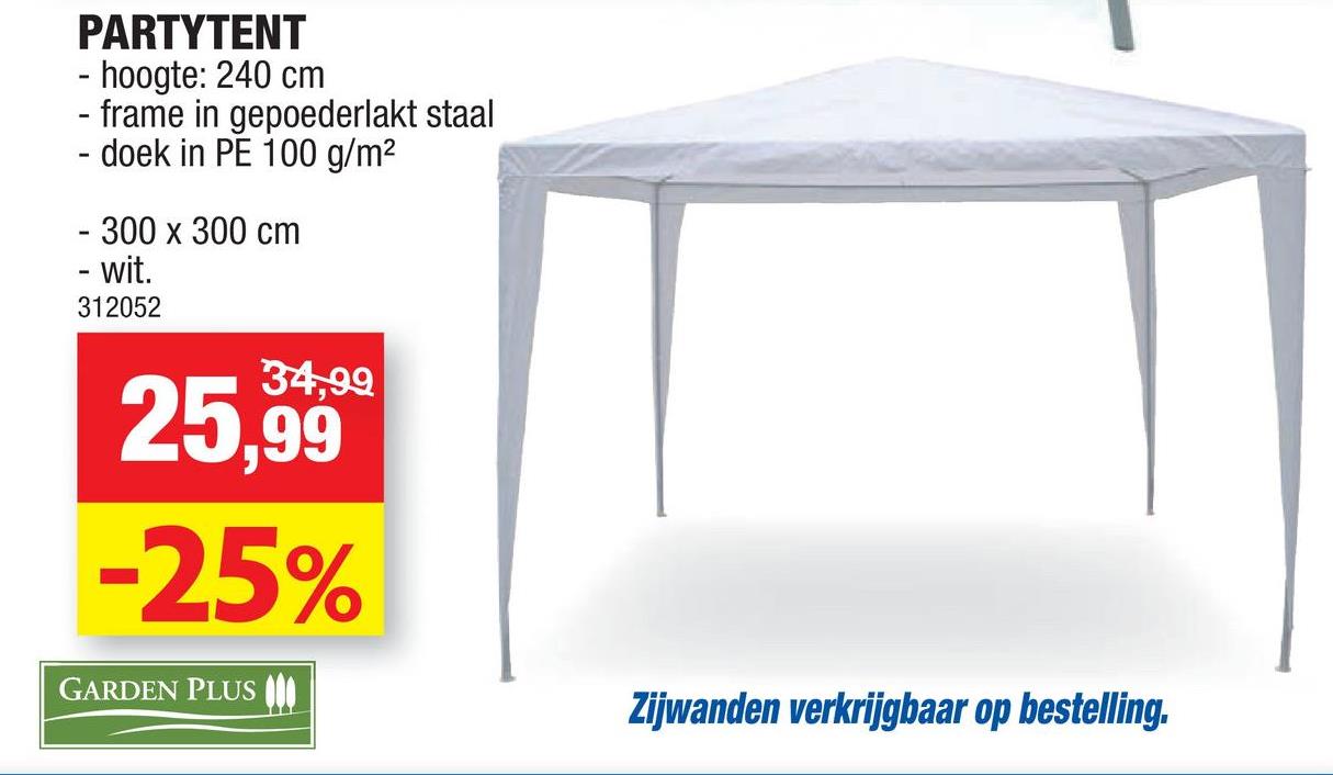 Hubo folder van 11/07/2018 tot 22/07/2018 - Partytent 300x300 cm wit Of je nu een groot tuinfeest geeft voor je verjaardag, alweer vier dagen op de camping van een festival gaat hangen of lekker gaat kamperen in de Ardennen: een partytent komt altijd van pas. Met deze witte partytent van Garden Plus creëer je in een handomdraai een gezellig schaduwplekje waar je lekker kan relaxen, je buffet uitstallen of het bier koel bewaren. <ul> <li>Afmetingen: 300x300 cm</li> <li>Nokhoogte: 240cm</li><li>Doorloophoogte: 200cm</li> <li>Frame van gepoederlakt staal</li> <li>Doek uit polyethyleen</li><li>28 palen (24mm)</li> </ul>