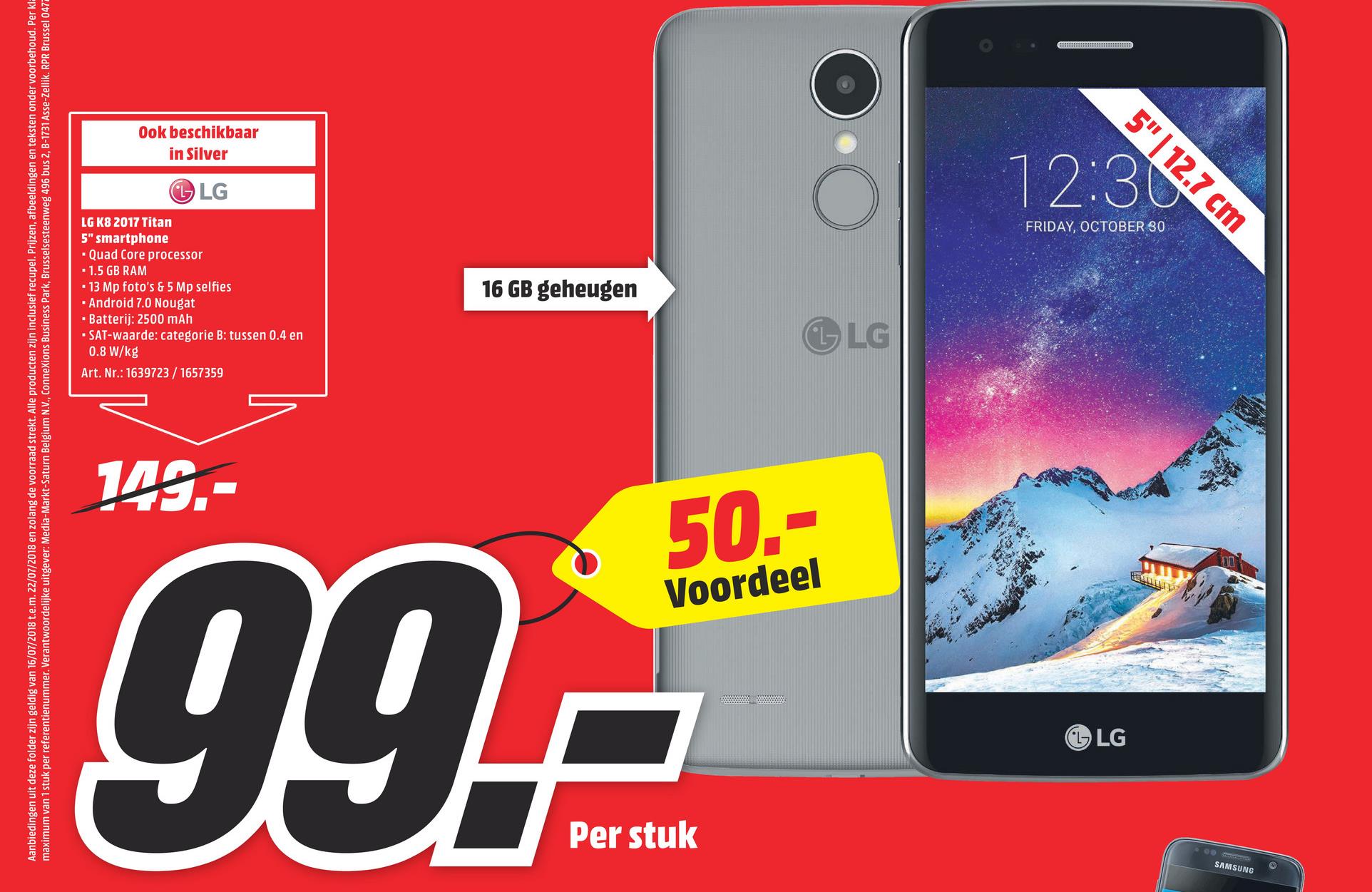 MediaMarkt folder van 16/07/2018 tot 22/07/2018 - LG Smartphone K8 2017 Titan Silver Pack Proximus K8 2017 BLK 16GB + SIM