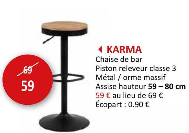 Tabouret de bar Karma HA59cm bois massif/métal Chaises Tabourets De Bar Chaises