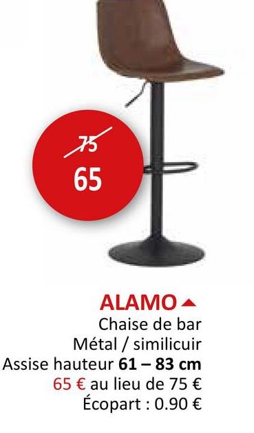 Chaise de bar Alamo HA60cm similicuir cognac Chaises Tabourets De Bar Chaises