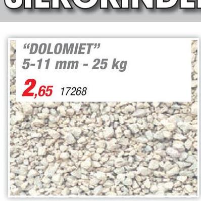 Dolomiet 5-11 mm 25kg wit Dolomiet is een gebroken kalkgesteente met een korrelgrootte van 5-11 mm. Dit gesteente heeft een goede bindende werking. Je kunt het siergrind gebruiken als halfverharding op tuinpaden of als decoratieve grindsoort voor je oprit of terras.