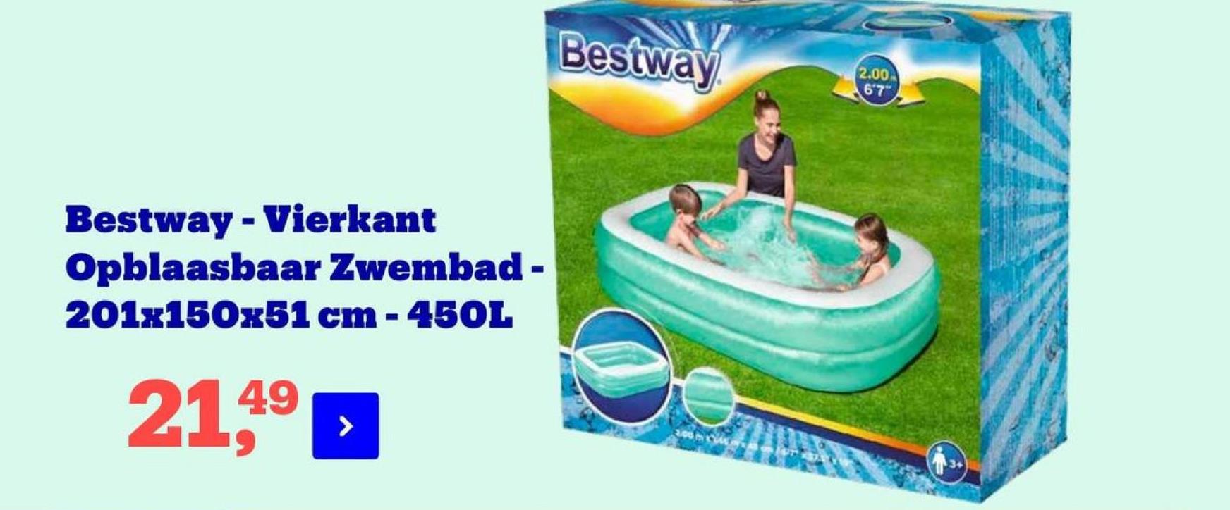 Bestway
2.00
67"
Bestway - Vierkant
Opblaasbaar Zwembad -
201x150x51 cm - 450L
21,49
2.COM
