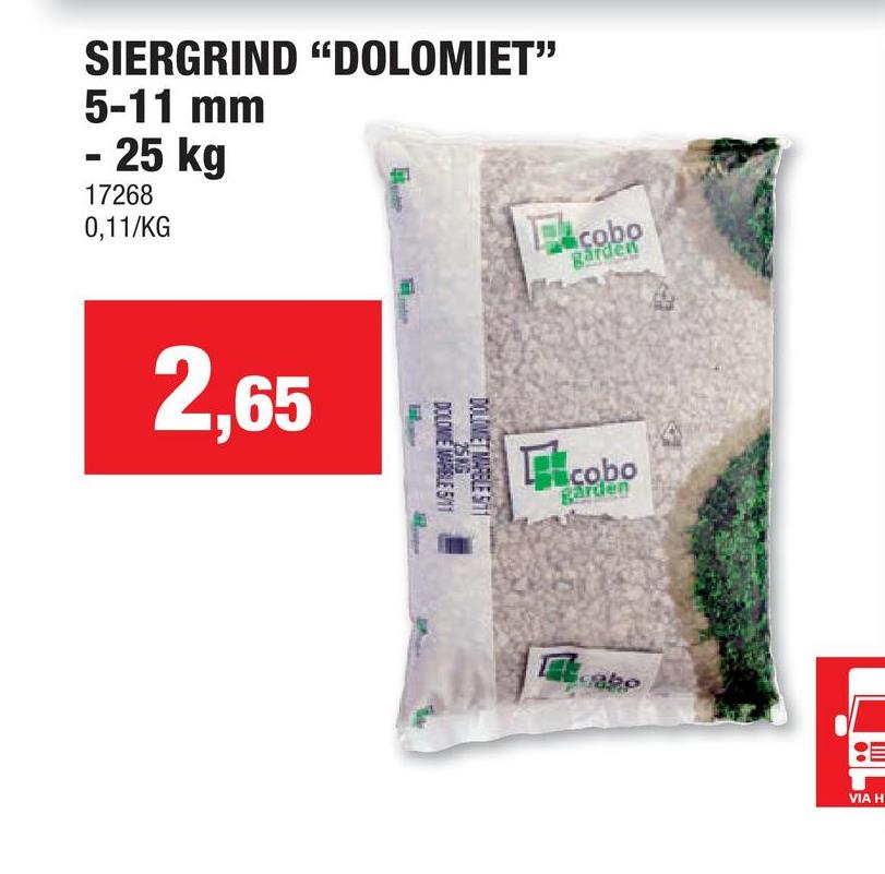 Dolomiet 5-11 mm 25kg wit Dolomiet is een gebroken kalkgesteente met een korrelgrootte van 5-11 mm. Dit gesteente heeft een goede bindende werking. Je kunt het siergrind gebruiken als halfverharding op tuinpaden of als decoratieve grindsoort voor je oprit of terras.