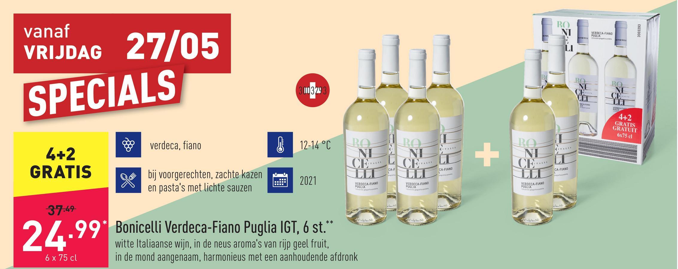 Bonicelli Verdeca-Fiano Puglia IGT, 6 st. witte Italiaanse wijn, in de neus aroma's van rijp geel fruit, in de mond aangenaam, harmonieus met een aanhoudende afdronkdruivensoorten: verdeca, fianoaanbeveling: bij voorgerechten, zachte kazen en pasta's met lichte sauzenserveertemperatuur 12-14 °Cjaargang: 2021