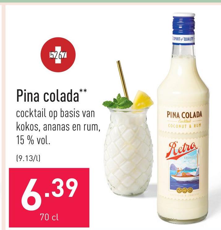 Pina colada cocktail op basis van kokos, ananas en rum, 15 % vol.