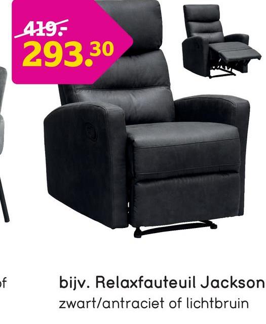 Relaxfauteuil Jackson - lederlook - zwart Zak heerlijk onderuit in deze stijlvolle relaxfauteuil Jackson. De fauteuil is uitgevoerd in de stof Preston in de kleur zwart.