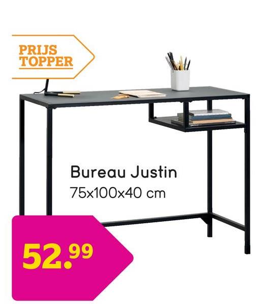 Bureau Justin - zwart - 75x100x40 cm Bureau Justin is een zwart bureau waar u comfortabel aan kunt werken. Dit bureautje heeft een robuuste en industriële look en feel. Dit komt mede doordat het bureau is gemaakt van metaal.