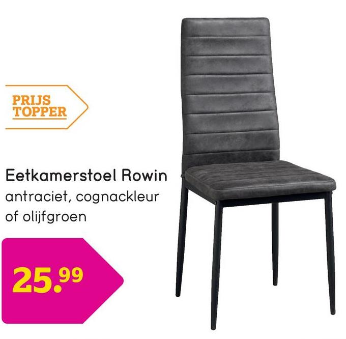 Eetkamerstoel Rowin - stof - antracietkleur Eetkamerstoel Rowin is een eetkamerstoel met een modern uiterlijk. De eetkamerstoel is gestoffeerd en heeft een metalen onderstel.