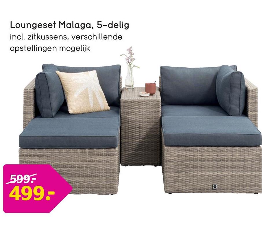 Loungeset Malaga compact - grijs - 5-delig Dit is een 5-delige, compacte loungeset bestaande uit 2 voetenbankjes, 1 2-zits zetel en 1 tafel.
