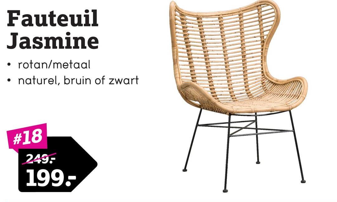 Fauteuil Jasmine - rotan/metaal - naturelkleur Fauteuil Jasmine is een bijzondere fauteuil in een naturelkleur. Een botanische woonstijl is dé trend van nu en deze stoel past daar perfect bij.