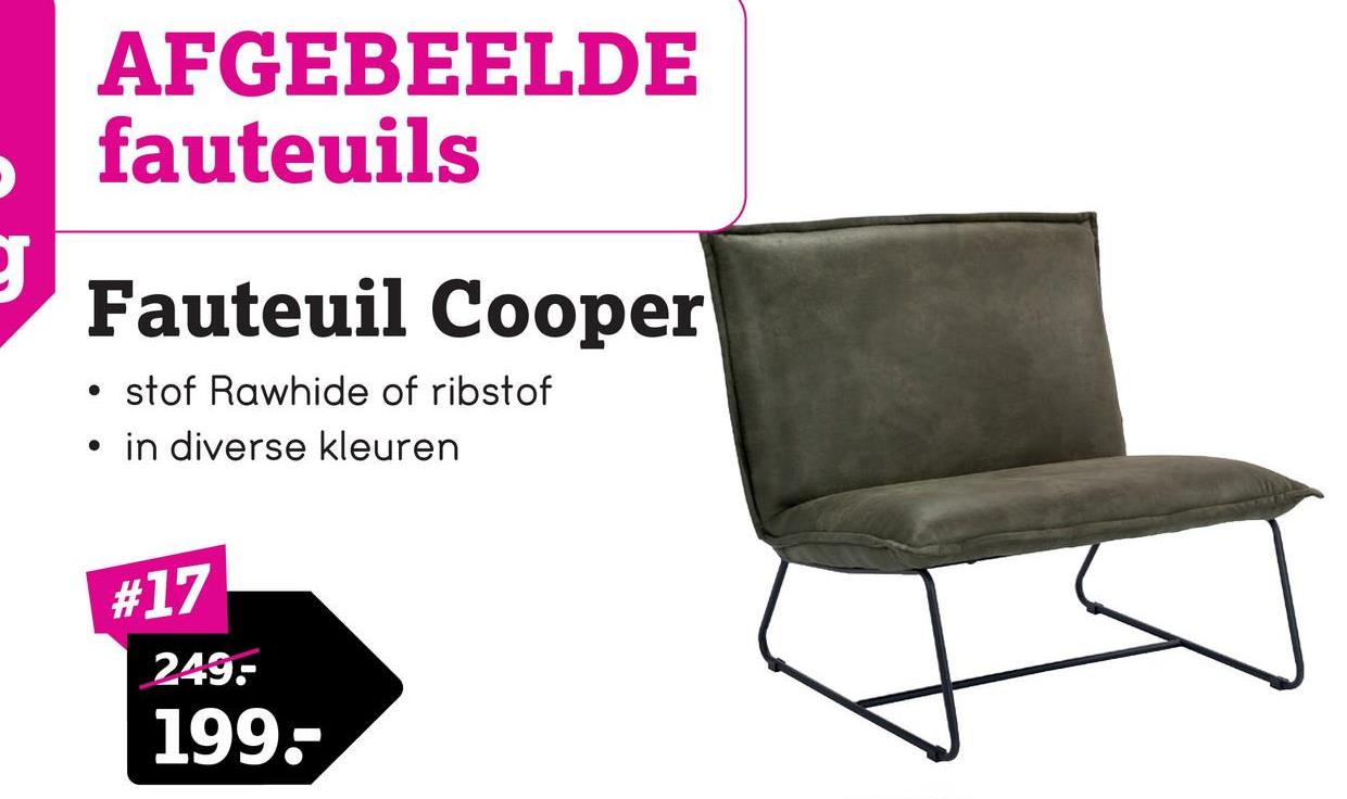 Fauteuil Cooper - leatherlook - olijfgroen Fauteuil Cooper is een olijfgroene fauteuil met een geheel eigen look dankzij het ranke metalen onderstel. Deze stoel staat garant voor optimaal zitcomfort en is een echte eyecatcher in uw interieur.
