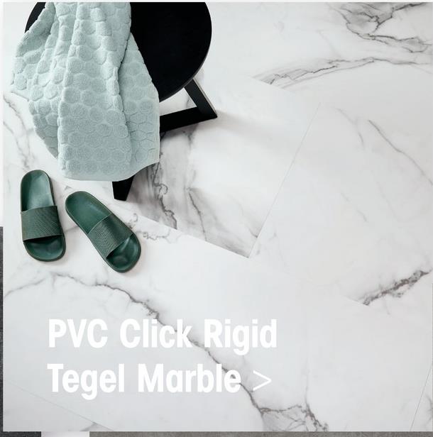 Pvc Click Rigid Tegel Marble Wit PVC Rigid Tegel Marble met een witte marmerprint en een voelbare structuur. Dit PVC is geschikt voor natte en vochtige ruimtes en kan gelegd worden met vloerverwarming en -koeling. Er kan gekozen worden voor een zwevende montage. Deze vloer is eenvoudig te leggen en makkelijk in onderhoud. Ook heeft deze vloer een antislip afwerking. Het formaat van een plank is 100x50 centimeter.