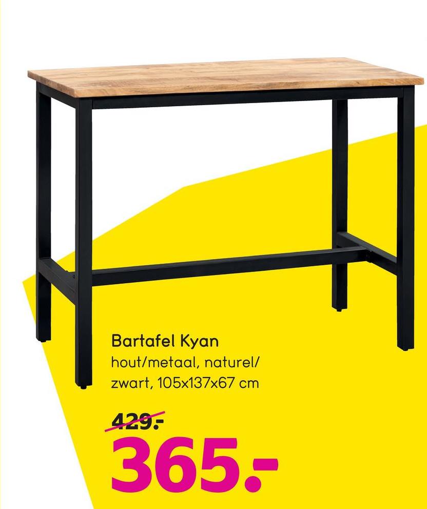 Bartafel Kyan - zwart/naturelkleur - 105x137x67 cm Bartafel Kyan is een hoge tafel met een stoere en industriële look. Bartafel Kyan is een tafel met vele mogelijkheden. De tafel heeft een afmeting van 105x137x67 cm (hxbxd) en is gemaakt van hoogwaardige materialen.