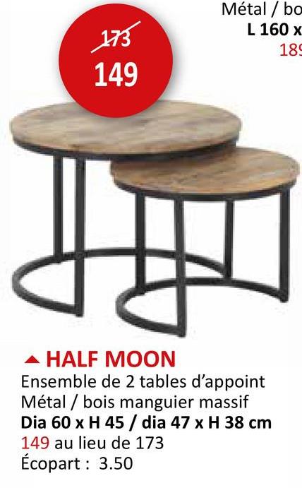Table d'appoint Half Moon bois massif métal ronde lot de 2 Meubles D'appoint Tables D'appoint
