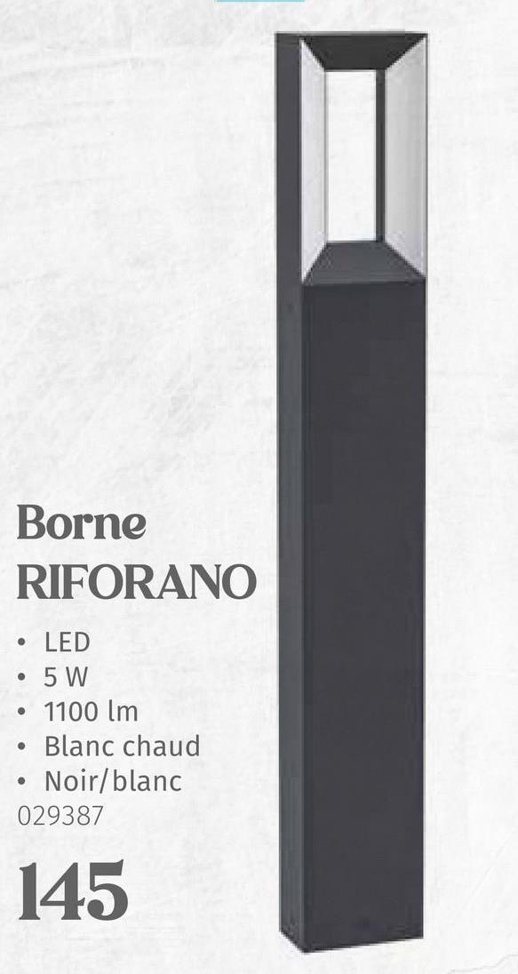 Borne
RIFORANO
LED
• 5 W
●
●
●
●
1100 lm
Blanc chaud
Noir/blanc
029387
145