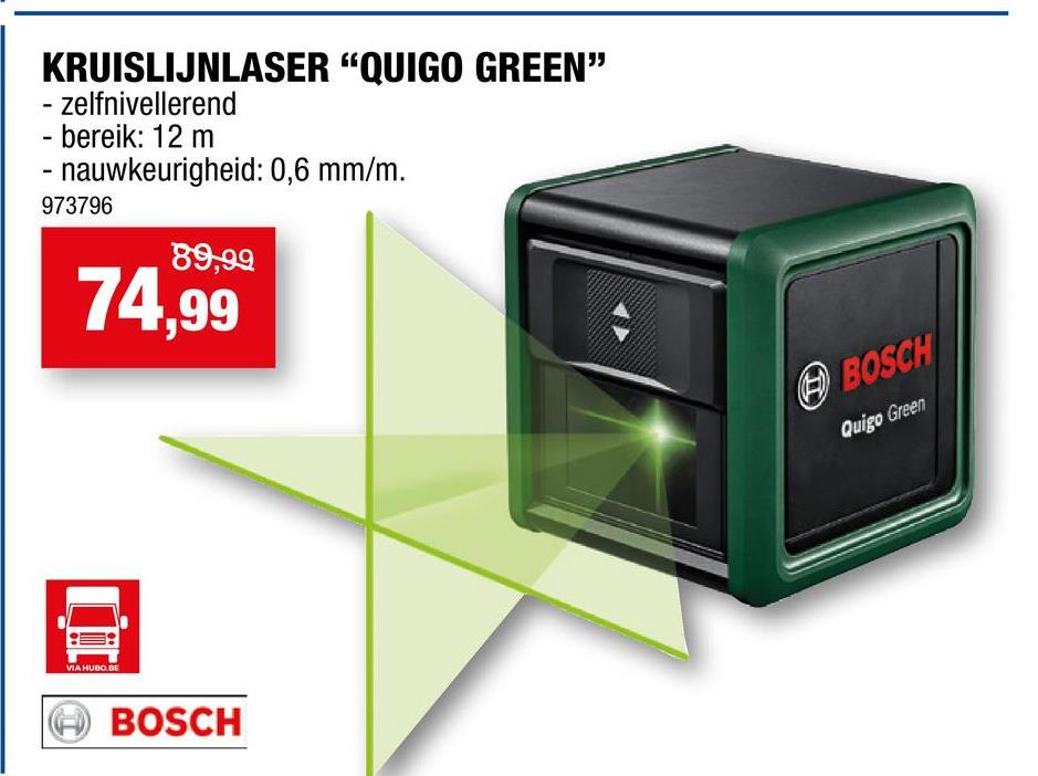 Bosch Quigo Green kruislijnlaser + MM2 klemhouder <p>De Bosch Quigo Green is een praktische en zelfnivellerende kruislijnlaser waarmee je als doe-het-zelver je creatieve ideeën kan realiseren. Of foto’s nu horizontaal opgehangen moeten worden of rekken netjes aan de muur gemonteerd moeten worden: de kruislijnlaser Quigo Green helpt snel en precies bij het exact uitlijnen, doordat hij een 100% recht laserkruis op de muur projecteert.</p><p>Gewoon de klep openen en direct verschijnt de horizontale en verticale laserlijn. Het toestel is zelfnivellerend, de geprojecteerde laserlijnen zijn dus altijd recht. De automatische nivelleermodus compenseert daarbij oneffenheden tot wel ±4°. Mocht een zelfnivellering vanwege grotere oneffenheden niet mogelijk zijn, dan waarschuwt de laser door een knipperend laserkruis.</p><p>Met opengeschoven afdekklep is het toestel direct gereed voor gebruik en projecteert een dankzij zelfnivellering 100% recht laserkruis op de muur. De geà¯ntegreerde hellingsfunctie maakt ook het projecteren van schuine lijnen mogelijk. Hiermee kunnen boorpunten of spijkers heel snel en eenvoudig uitgelijnd worden. Waar je tot nu toe omslachtig met waterpas en potlood in de weer moest zijn, helpt nu moderne lasertechnologie. Zo stelt de compacte kruislijnlaser zelfs doe-het-zelvers met weinig ervaring in staat om precies te werken met rechte lijnen en een laserkruis met een rechte hoek.</p>ZelfnivellerendAutomatische nivelleermodusGeà¯ntegreerde hellingsfunctieAdapter plaatMM2 klemhouder2 alkaline LR03/AAA batterijen inbegrepen