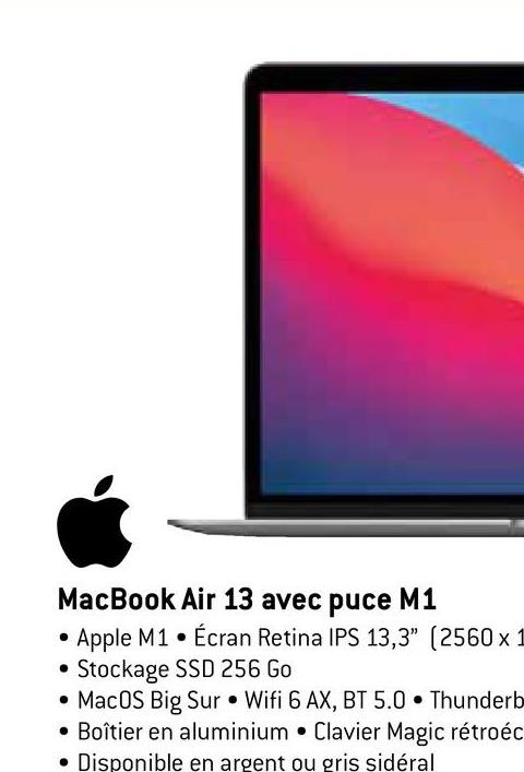MacBook Air 13 avec puce M1
Apple M1 Écran Retina IPS 13,3" (2560 x 1
Stockage SSD 256 Go
• MacOS Big Sur Wifi 6 AX, BT 5.0 Thunderb
• Boîtier en aluminium Clavier Magic rétroéc
• Disponible en argent ou gris sidéral