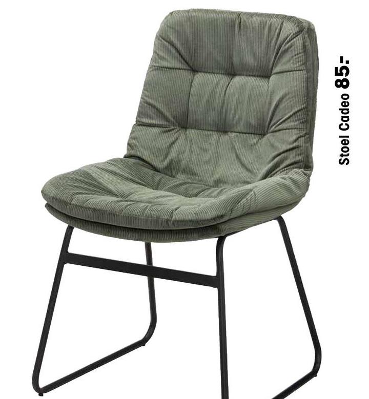 Stoel Cadeo Terra Comfortabele stoel Cadeo heeft een zachte ribstof in de kleur terra. De eetkamerstoel heeft een afmeting van 50x57,5x84,5 cm (lxbxh) en heeft een zwar
