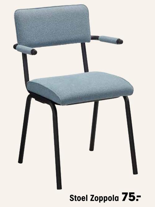 Stoel Zoppola Blauw Moderne stoel Zoppola heeft een blauwe kleur, fijne armleuningen en een stevig metalen onderstel. De zithoogte van deze stoel is 48 centimeter en hij