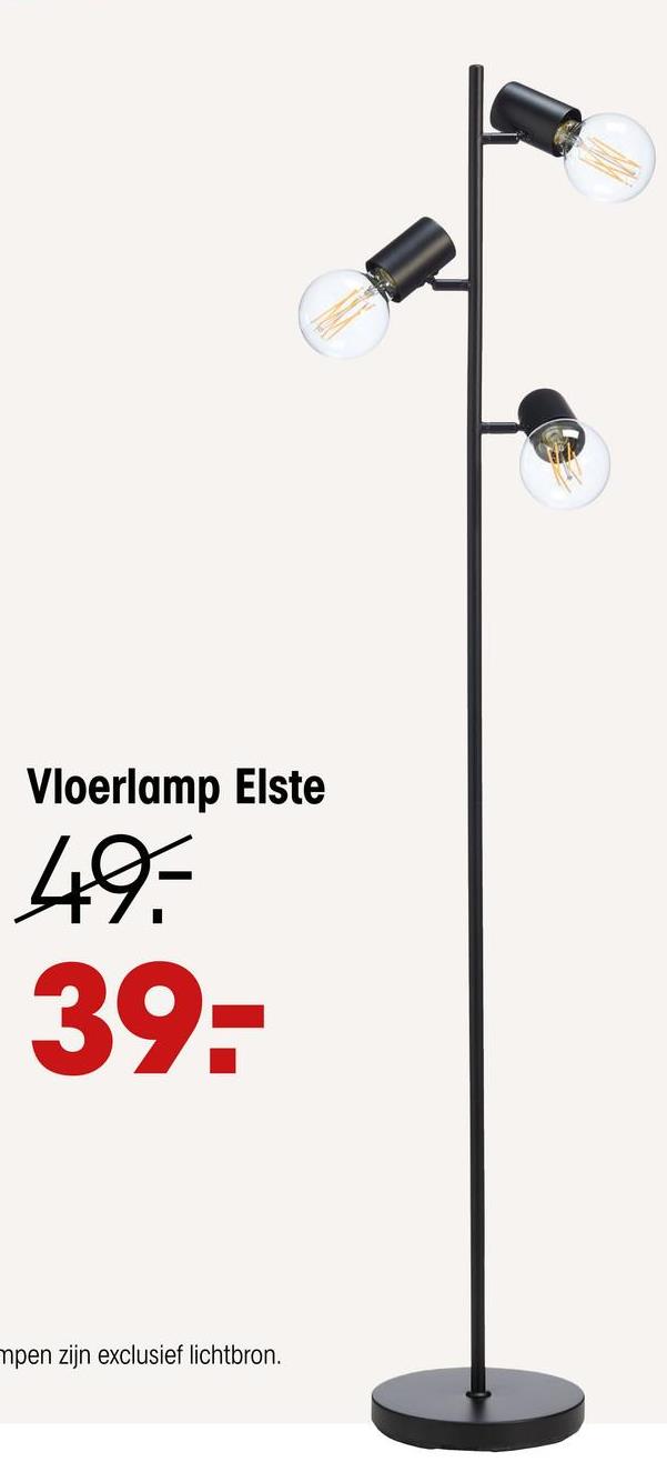Vloerlamp Elste Zwart Vloerlamp van zwart metaal met 3 lichtpunten. Exclusief lampen. Fitting E27. Maximaal 10 watt. 23x146 cm (dxh).