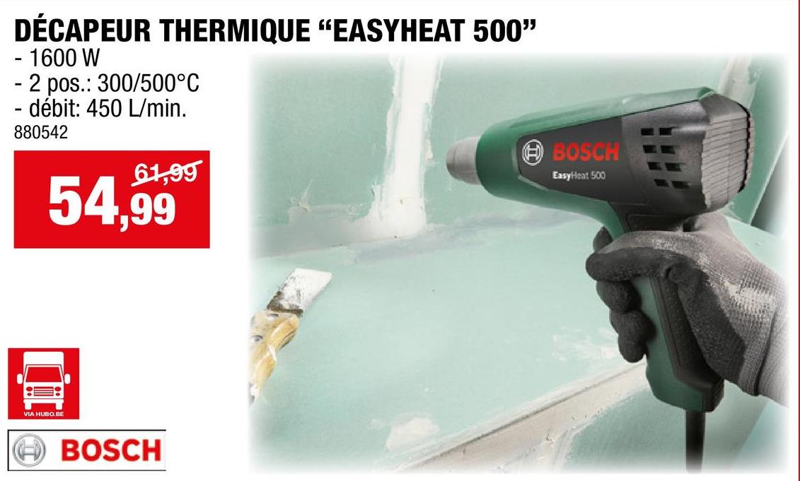Bosch EasyHeat 500 décapeur thermique 1600W Le décapeur EasyHeat 500 de Bosch a une forme compacte et légère pour une bonne prise en main et un maniement facile. La poignée confortable assure une bonne maàtrise et la surface caoutchoutée antidérapante à  l&apos;arrière sert de support pour poser le décapeur.