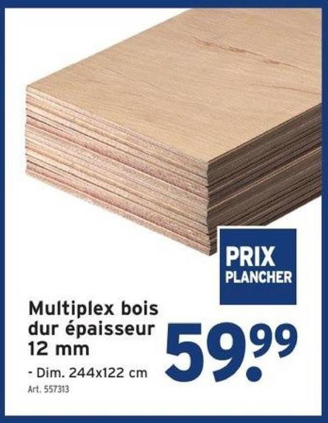 Multiplex bois
dur épaisseur
12 mm
- Dim. 244x122 cm
Art. 557313
PRIX
PLANCHER
599⁹