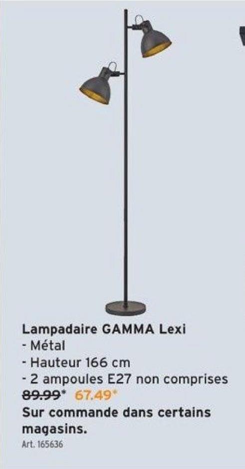 Lampadaire GAMMA Lexi
- Métal
- Hauteur 166 cm
- 2 ampoules E27 non comprises
89.99* 67.49*
Sur commande dans certains
magasins.
Art. 165636