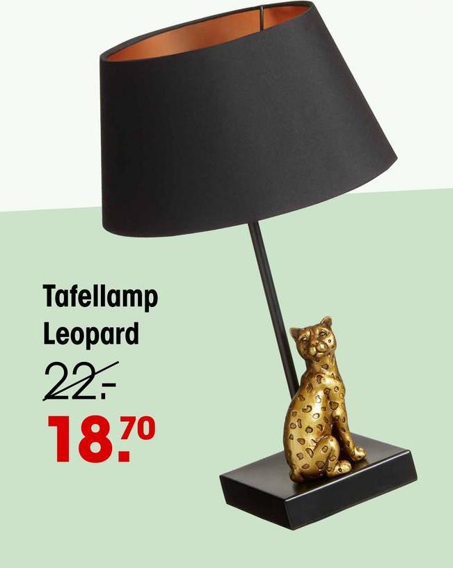 Tafellamp Leopard Zwart Metalen tafellamp met zwarte kap voorzien van een bronskleurige binnenzijde en een decoratief luipaard beeldje. Grote fitting E27, exclusief lichtbron. Maximaal 40 watt. 24x39 cm (dxh).