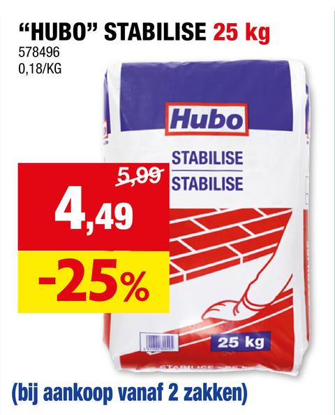 Hubo stabilisé 25kg De stabilisé van Hubo is een droog mengsel van cement, zand en toeslagstoffen. De stabilisé is geschikt als onderlaag voor terrassen, tuinpaden en opritten. Bovendien kan de stabilisé ook gebruikt worden voor het plaatsen van boordstenen en het inbedden van leidingen.