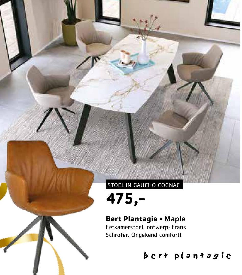 STOEL IN GAUCHO COGNAC
475,-
Bert Plantagie • Maple
Eetkamerstoel, ontwerp: Frans
Schrofer. Ongekend comfort!
bert plantagie