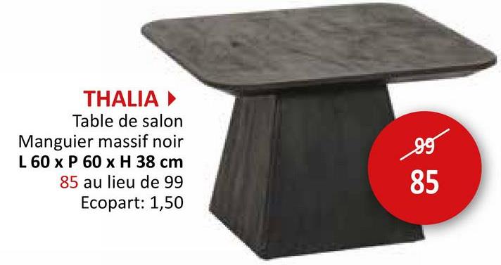 THALIA ►
Table de salon
Manguier massif noir
L 60 x P 60 x H 38 cm
85 au lieu de 99
Ecopart: 1,50
99
85