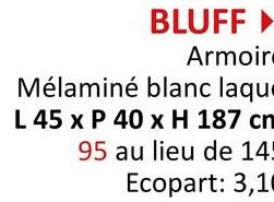 BLUFF▸
Armoir
Mélaminé blanc laque
L 45 x P 40 x H 187 cn
95 au lieu de 145
Ecopart: 3,10