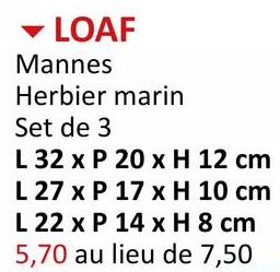 ▾ LOAF
Mannes
Herbier marin
Set de 3
L 32 x P 20 x H 12 cm
L 27 x P 17 x H 10 cm
L 22 x P 14 x H 8 cm
5,70 au lieu de 7,50