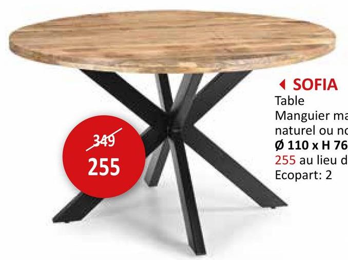 349
255
◄ SOFIA
Table
Manguier ma
naturel ou no
Ø 110 x H 76
255 au lieu d
Ecopart: 2