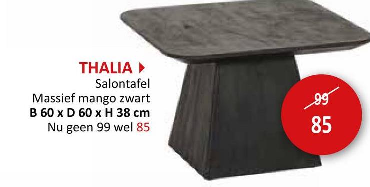 THALIA ▸
Salontafel
Massief mango zwart
B 60 x D 60 x H 38 cm
Nu geen 99 wel 85
99
85