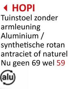 ◄ HOPI
Tuinstoel zonder
armleuning
Aluminium /
synthetische rotan
antraciet of naturel
Nu geen 69 wel 59
(alu)