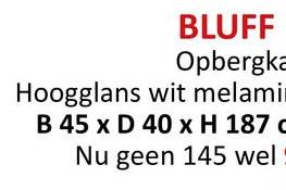 BLUFF
Opbergka
Hoogglans wit melamin
B 45 x D 40 x H 187 c
Nu geen 145 wel