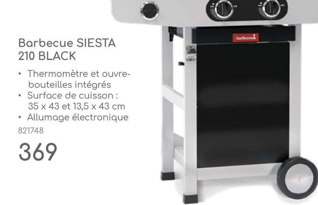 Barbecue SIESTA
210 BLACK
Thermomètre et ouvre-
bouteilles intégrés
Surface de cuisson :
35 x 43 et 13,5 x 43 cm
Allumage électronique
821748
369
Barbroook