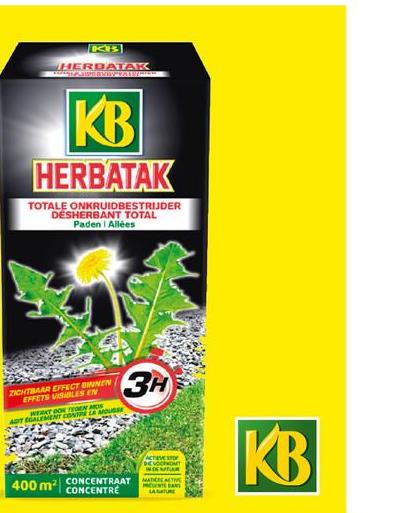 KB Herbatak désherbant & antimousse allées 900ml <p>Herbatak est un désherbant total et un produit anti-mousse pour une application spécifique sur les allées, fait à  base d’acide pélargonique, une matière active présente dans la nature. Le produit élimine rapidement les mauvaises herbes et les mousses par déshydratation.</p>Concentré liquideEffets visibles en 3 heures après applicationBiodégradation rapide dans le sol: semer et planter 1 jour après l’applicationComposition: 500 g/l acide pélargonique Dose mauvaises herbes 45ml/1l d’eau pour 20m² Dose mousses 35ml/1,5l d’eau pour 20m²