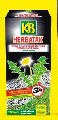 KB Herbatak désherbant & antimousse allées 450ml <p>Herbatak est un désherbant total et un produit anti-mousse pour une  application spécifique sur les allées, fait à  base d’acide pélargonique,  une matière active présente dans la nature. Le produit élimine  rapidement les mauvaises herbes et les mousses par déshydratation.</p>Concentré liquideEffets visibles en 3 heures après applicationBiodégradation rapide dans le sol: semer et planter 1 jour après l’applicationComposition: 500 g/l acide pélargonique Dose mauvaises herbes 45ml/1l d’eau pour 20m² Dose mousses 35ml/1,5l d’eau pour 20m²