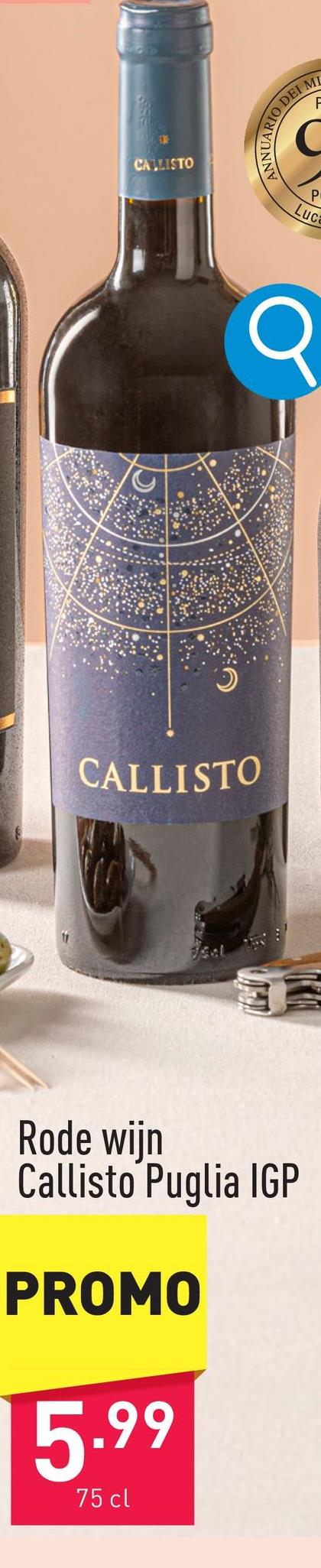 Rode wijn Callisto Puglia IGP elegante blend van twee Italiaanse druivensoorten, in de neus rijp rood fruit, aardbei en zwarte kersen, in de mond kruidig en fluwelen karakter, complex tot ver in de afdronkdruivensoorten: sangiovese, negroamaroaanbeveling: bij pasta, wit en rood vlees en zachte kazenserveertemperatuur: 16-18 °Cjaargang: 2023