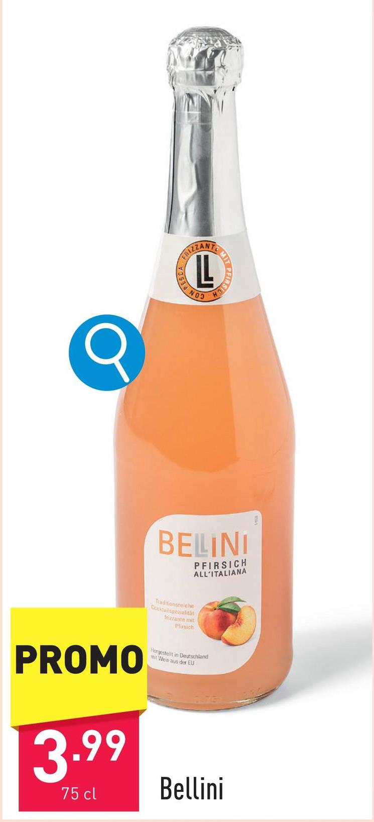 Bellini aperitief met perziksmaak op basis van wijn, 5,9 % vol.