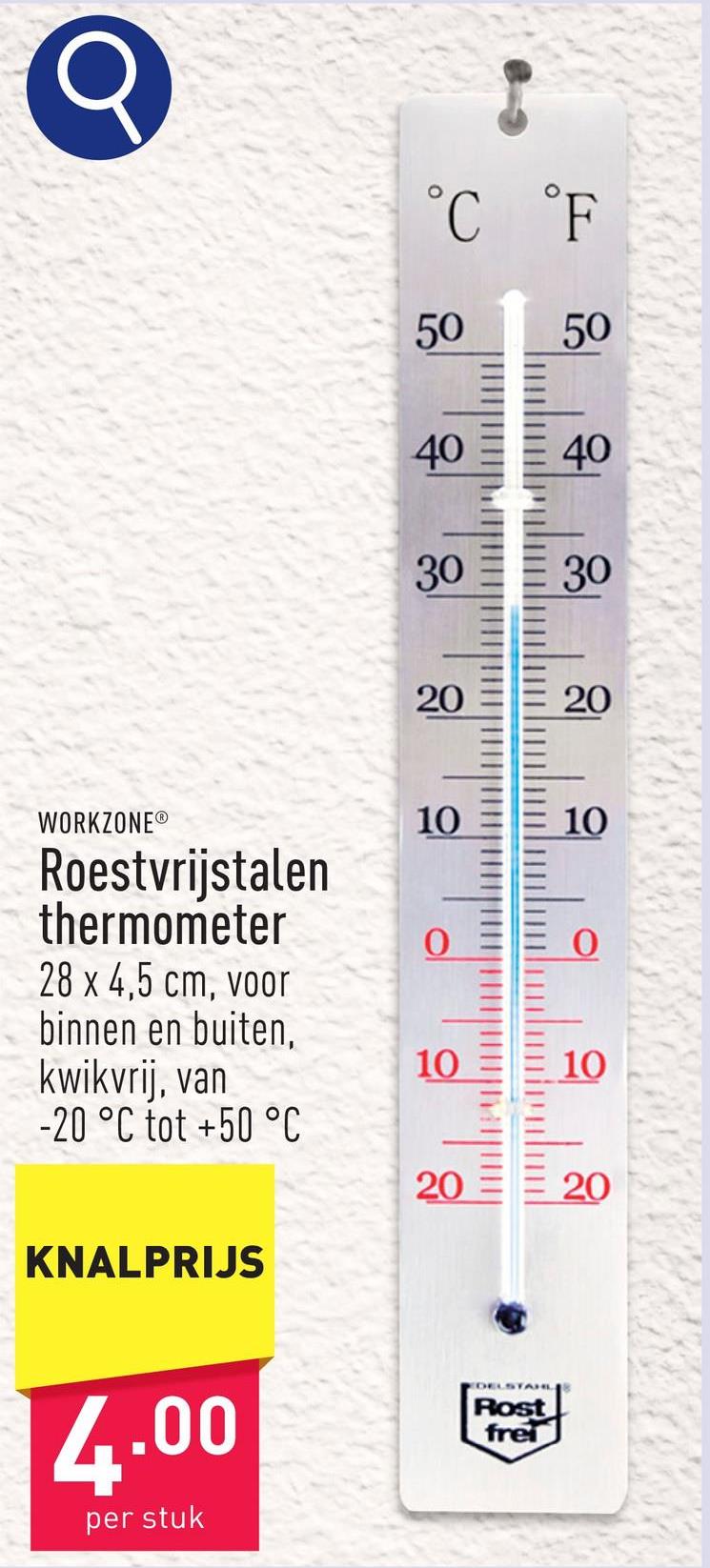 Thermometer roestvrij staal, 28 x 4,5 cm, voor binnen en buiten, kwikvrij, weerbestendig, schaal van -20 °C tot +50 °C
