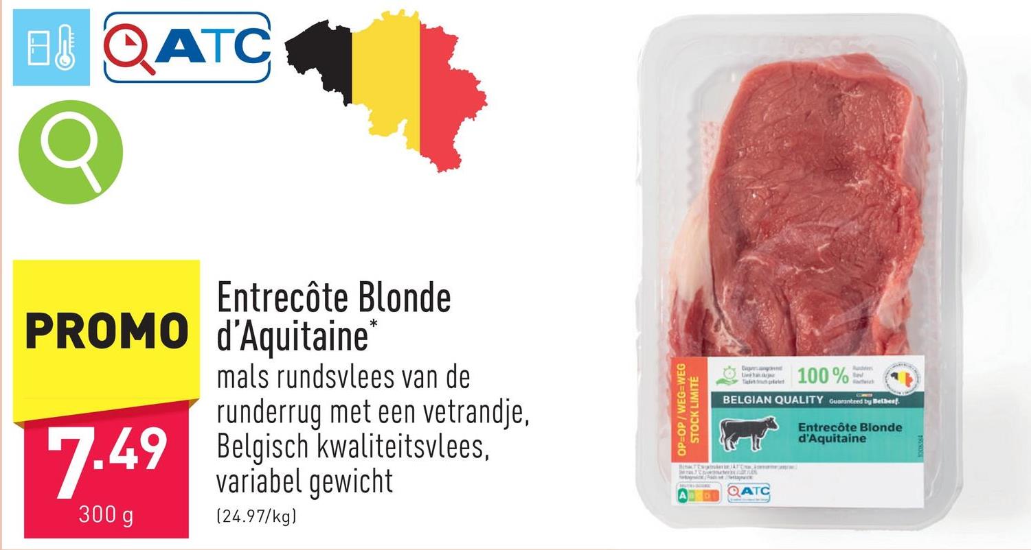 Entrecôte Blonde d'Aquitaine mals rundsvlees van de runderrug met een vetrandje, Belgisch kwaliteitsvleees, variabel gewicht