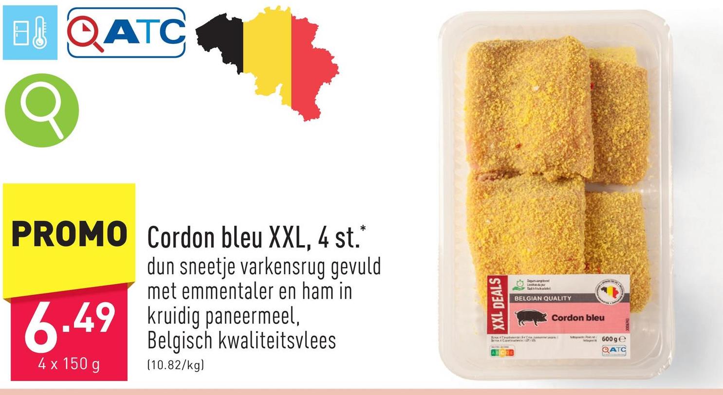 Cordon bleu XXL, 4 st. dun sneetje varkensrug gevuld met emmentaler en ham in kruidig paneermeel, Belgisch kwaliteitsvlees