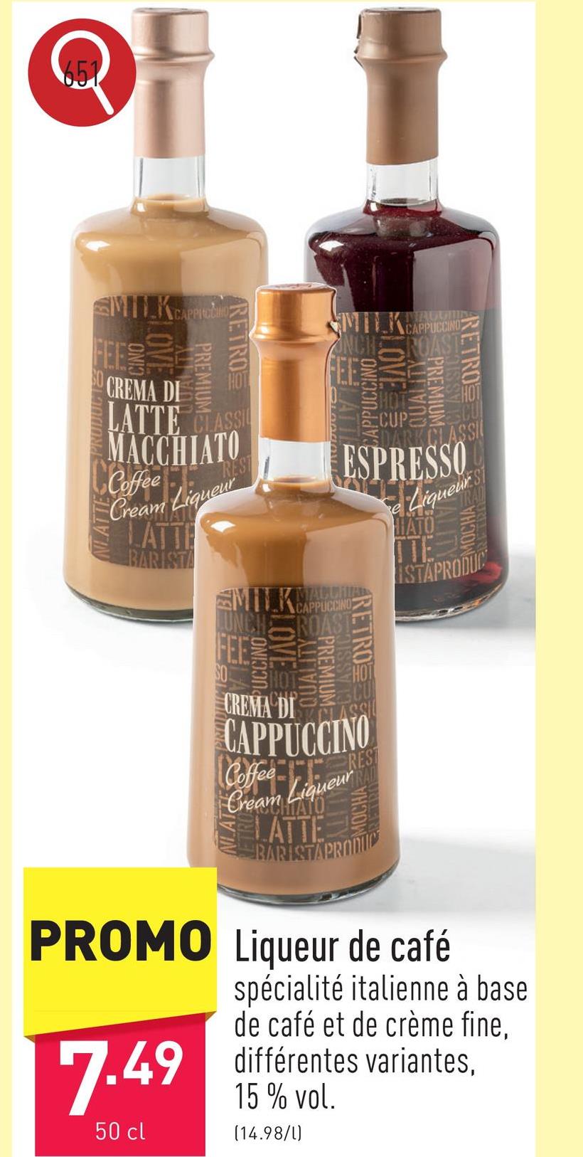 Liqueur de café spécialité italienne à base de café et de crème fine, choix entre différentes variantes, 15 % vol.