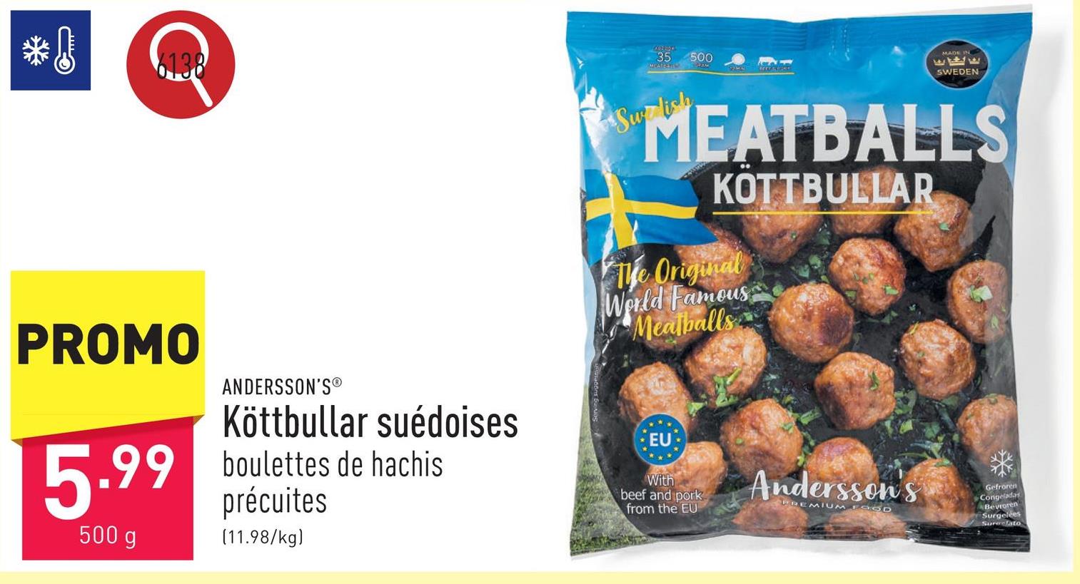 Köttbullar suédoises boulettes de hachis précuites, à base de viande de bœuf et de porc