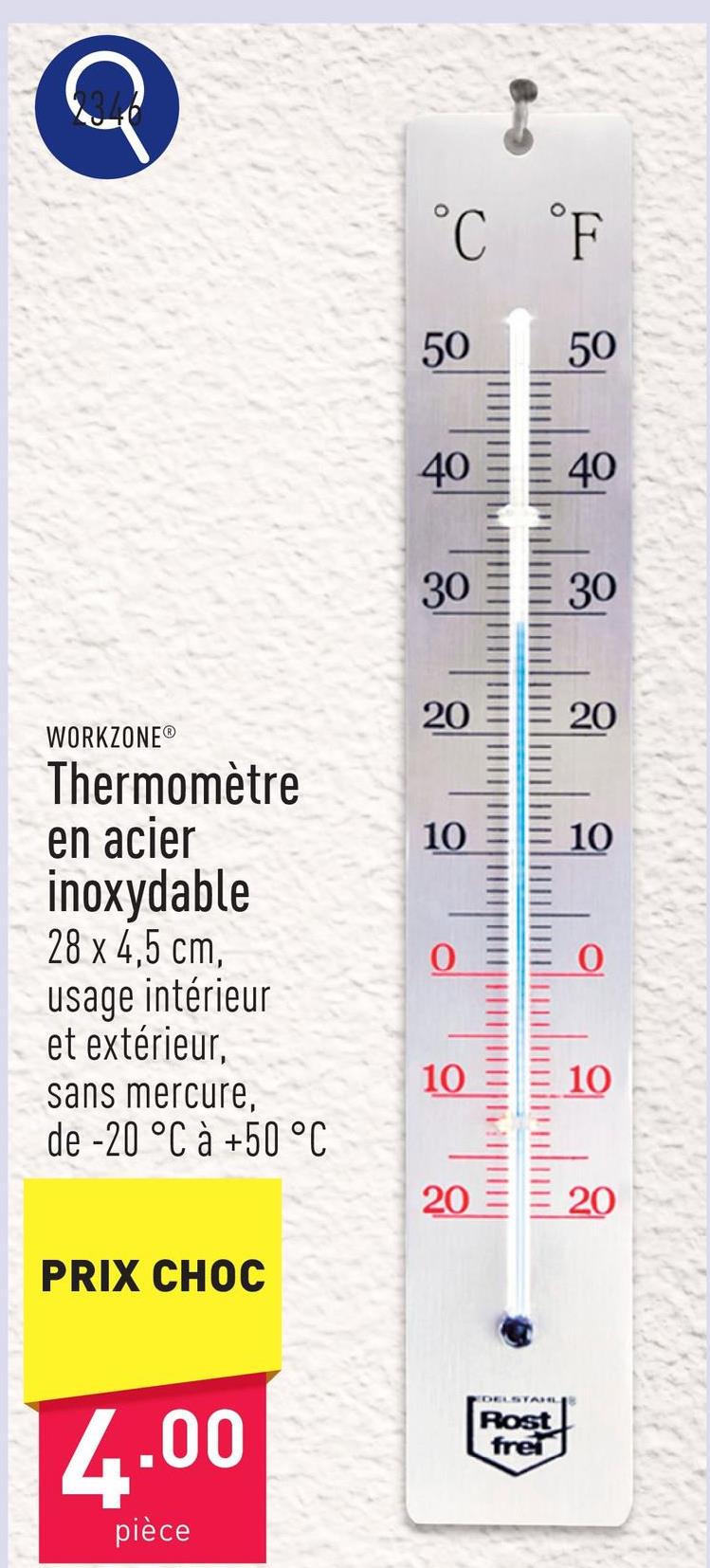 Thermomètre acier inoxydable, 28 x 4,5 cm, usage intérieur et extérieur, sans mercure, résistant aux intempéries, plage de -20 °C à +50 °C